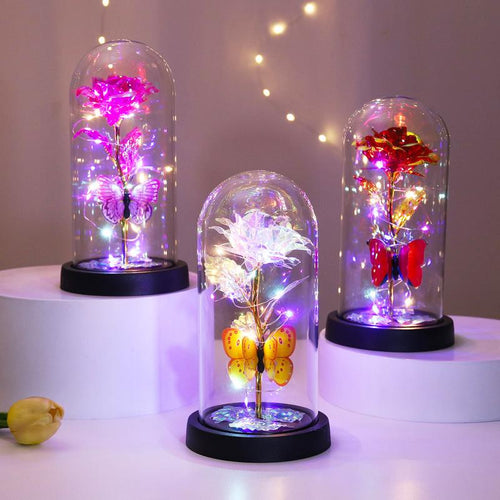 Mothers day gifts eternal butterfly rose display stand with LED lights